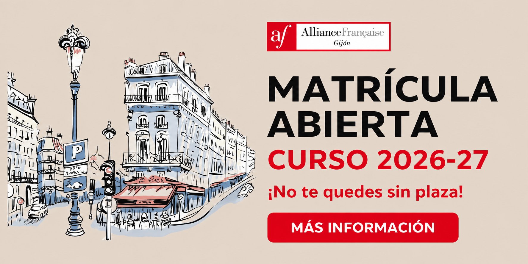 Cartel promocional de los cursos de francés de la Alianza Francesa de Gijón, con el logotipo oficial de la institución, imágenes alusivas a la cultura francesa y a la enseñanza de idiomas, y los detalles sobre la oferta formativa del nuevo curso.